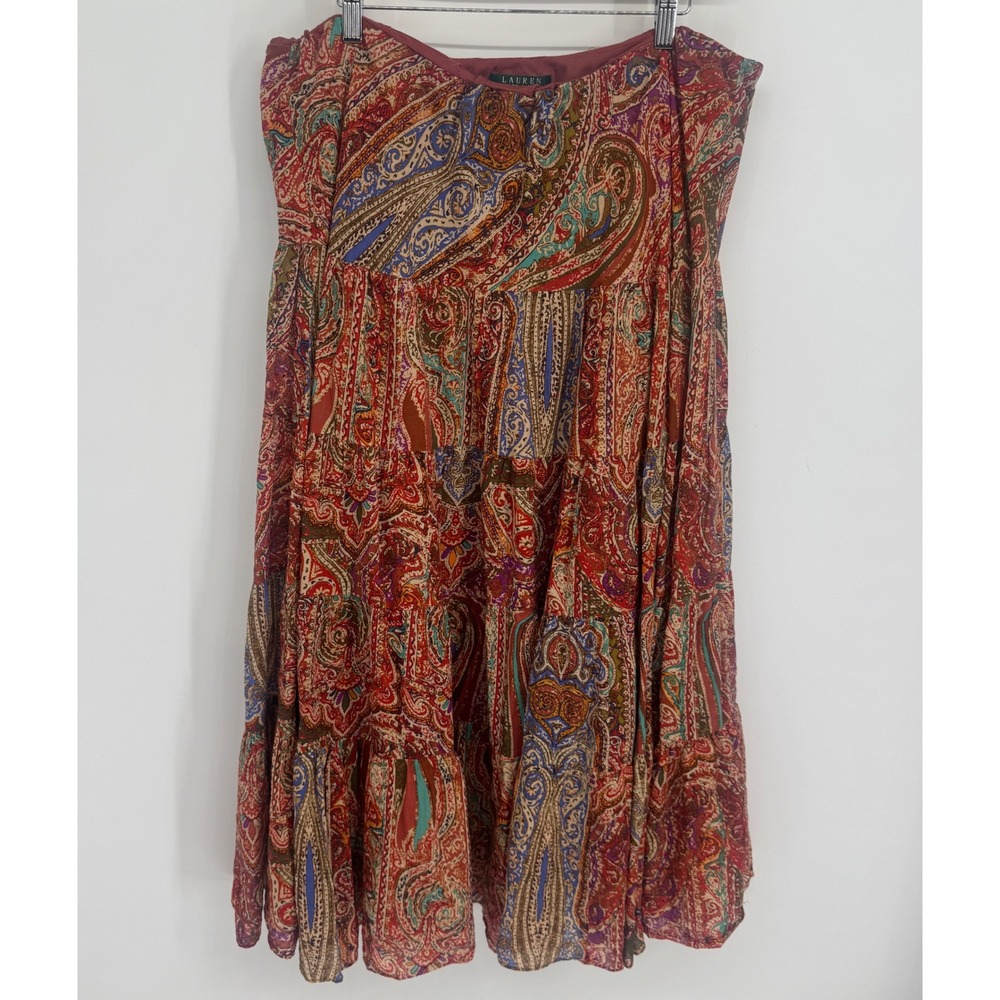 Lauren Ralph Lauren Paisley Tiered Skirt Womens 1X Boho Midi Cotton Multi Gypsy